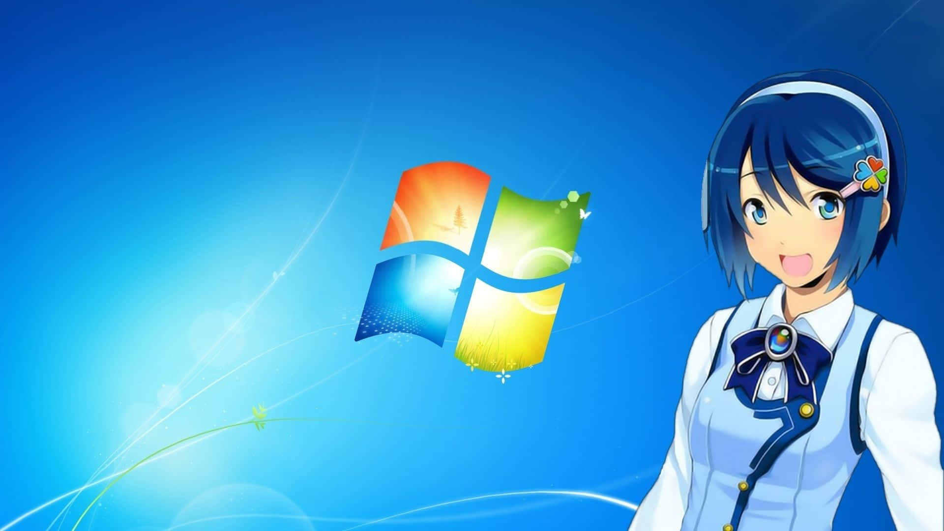 Anime Pc 桌布 壁紙 — 一個穿著藍色制服的可愛動漫女孩在明亮的藍色漸層背景上，伴隨著發光的漩渦，微笑地站在Windows標誌旁邊。