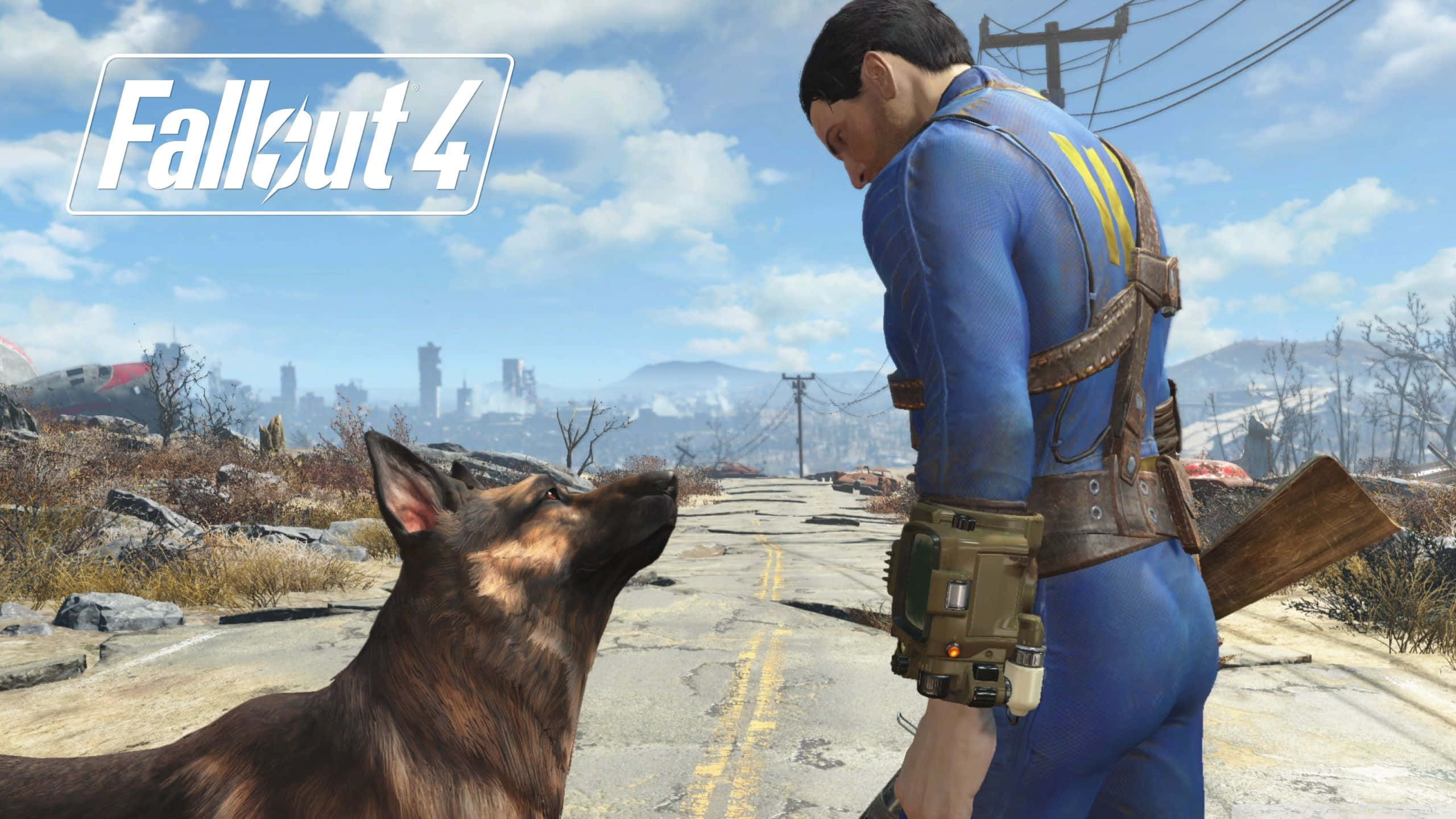 Fallout 4 Dogmeat 桌布 壁紙 — 一個穿著藍色動力裝甲的角色站在一條裂開的道路上，一隻德國牧羊犬抬頭看著他，身處末日後的荒原。