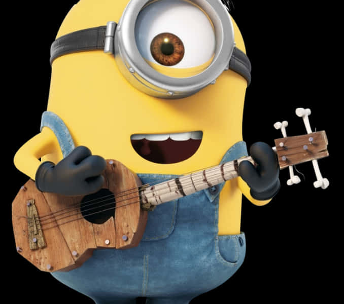 電影動圖 桌布 壁紙 — 一個穿著藍色吊帶褲的開心黃色Minion在黑色背景前愉快地彈奏木製烏克麗麗。