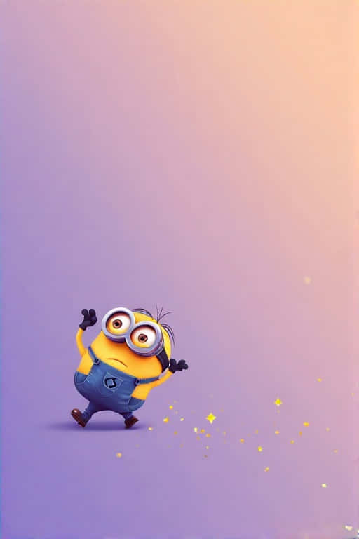 Minimalist Minion Wallpaper with Lavender-Peach Gradient and Gold Sparkles 壁紙 — 一個穿著藍色吊帶褲的黃色小小兵在柔和的紫色和蜜桃色漸層背景上快樂地奔跑，身後留下金色閃光。