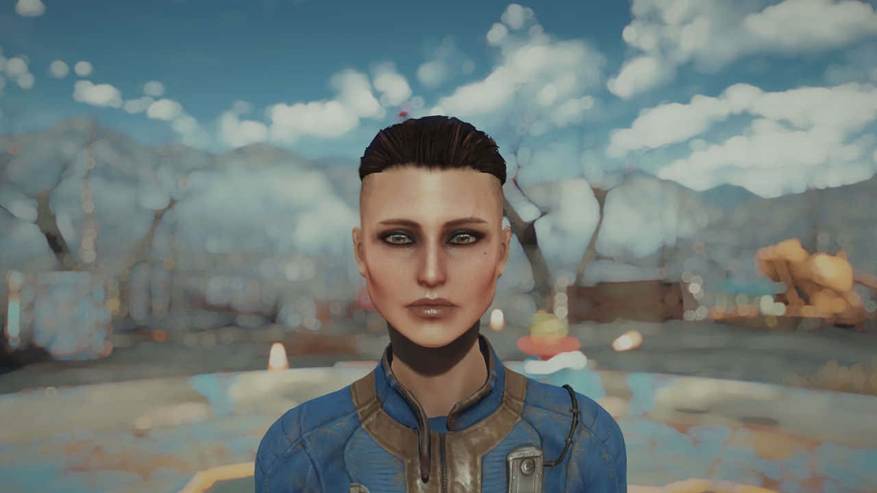 Fallout Characters 桌布 壁紙 — 一個穿著藍色和棕色外套的角色站在模糊的後末日荒原中，天空多雲。