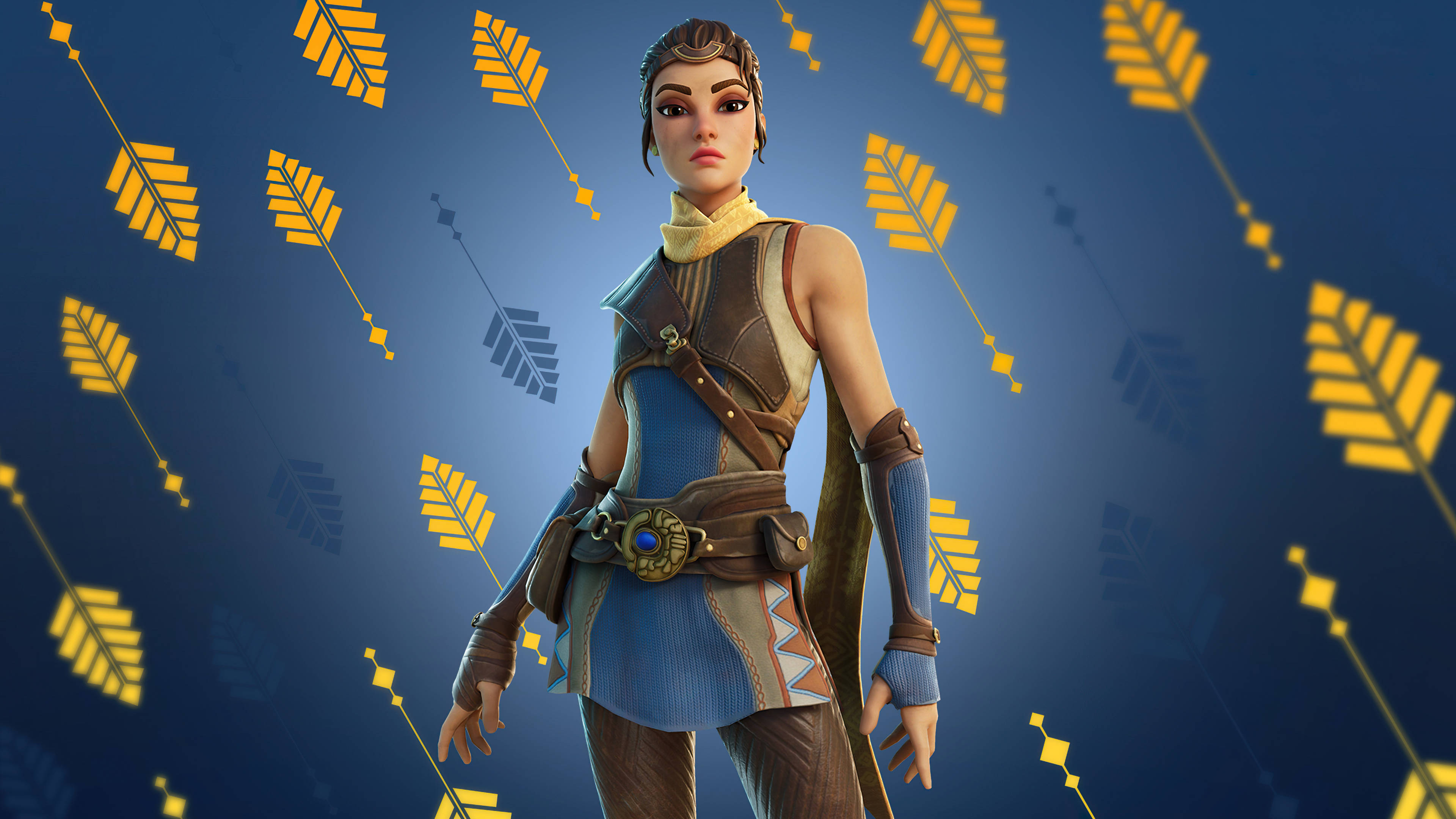 Fortnite iPad 桌布 壁紙 — 一個穿著藍色和棕色盔甲的Fortnite角色站在帶有漂浮黃色箭頭圖案的藍色背景前。