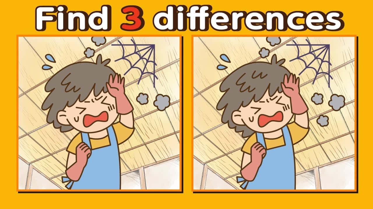 game 桌布 壁紙 — 一個穿著藍色圍裙的卡通男孩尖叫著，一隻手放在頭上，蜘蛛網和雲朵漂浮在他上方，這是一個「找出3個不同之處」的謎題。