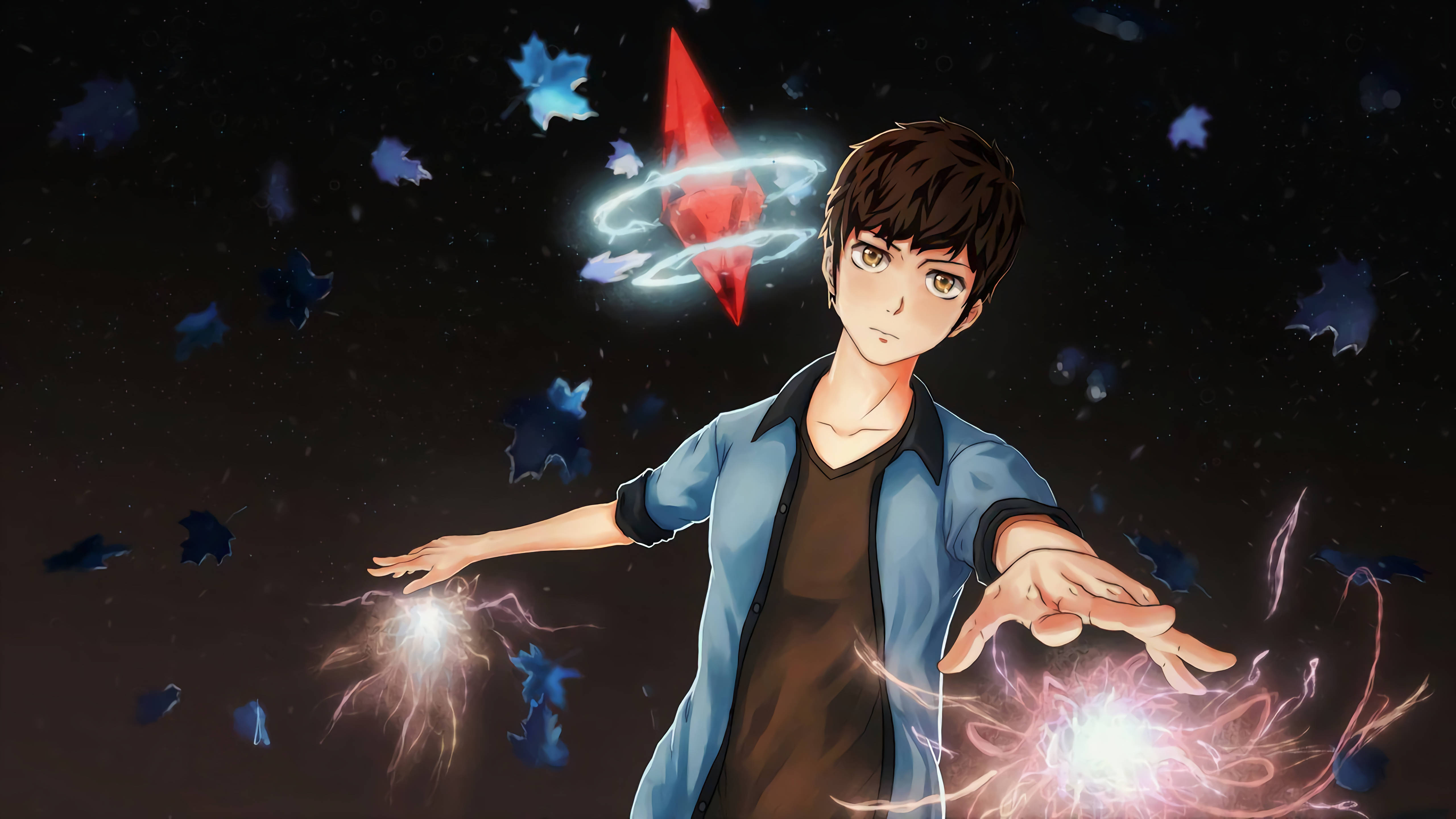 Tower Of God 桌布 壁紙 — 一個穿著藍色外套的年輕動漫男孩站在黑暗的天空下，雙手伸展，發光的魔法能量和漂浮的楓葉在他周圍旋轉。