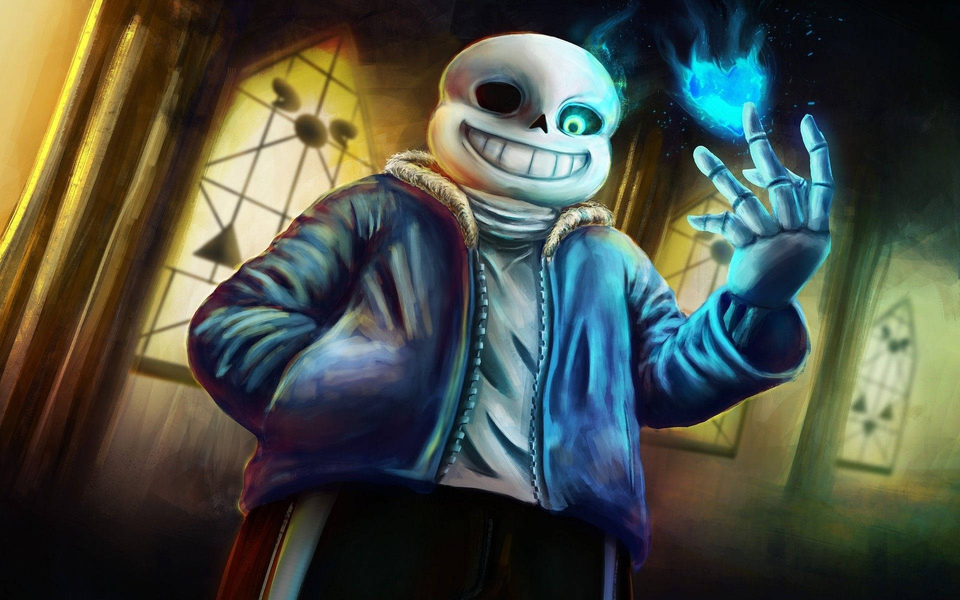 Sans 桌布 壁紙 — 一個穿著藍色外套的開心骷髏角色，在昏暗的哥德式房間中拿著一個發光的藍色球體。