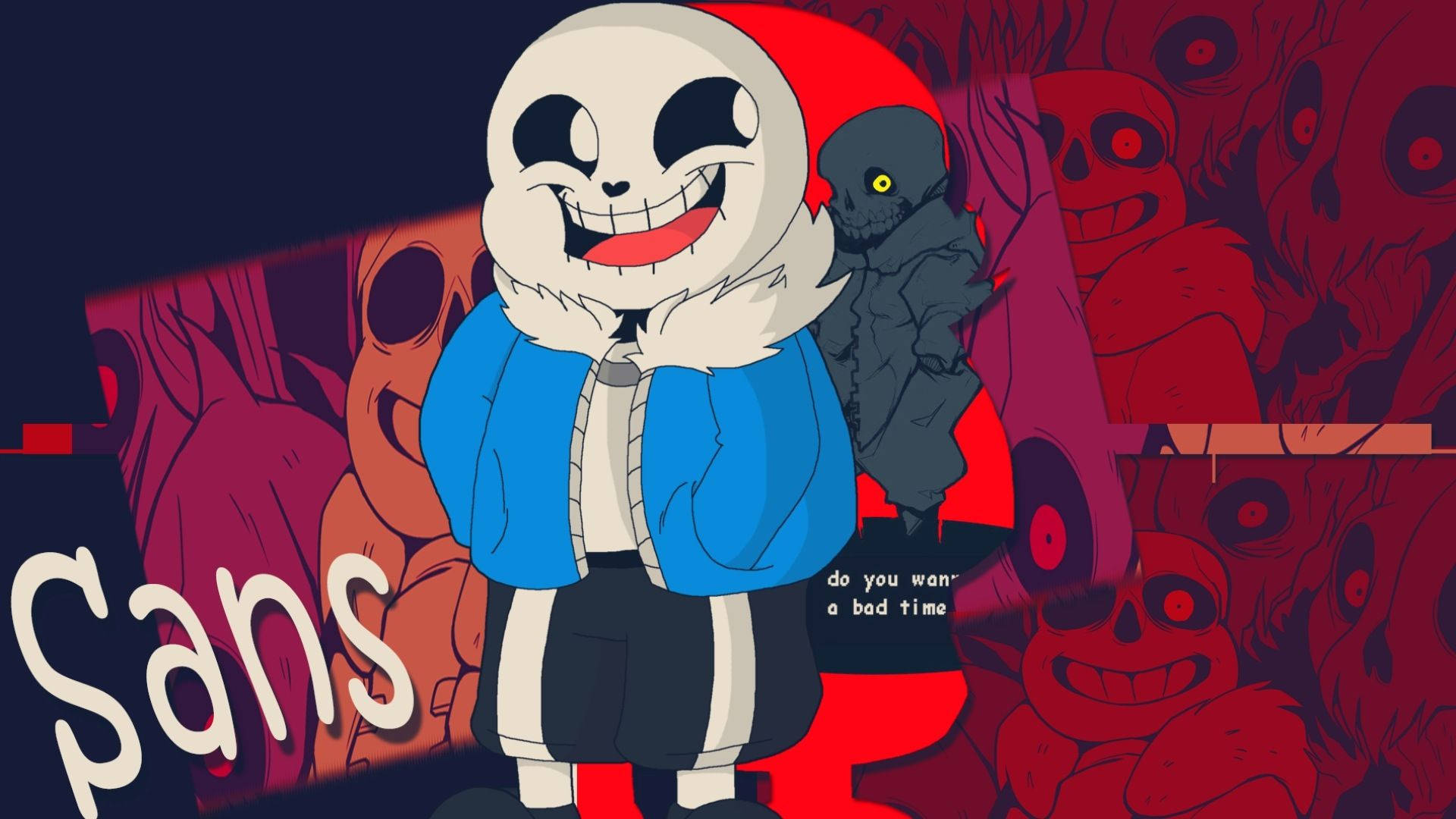 Sans 桌布 壁紙 — 一個穿著藍色外套的開心骷髏角色站在充滿威脅性頭骨和陰影人物的紅色背景前。