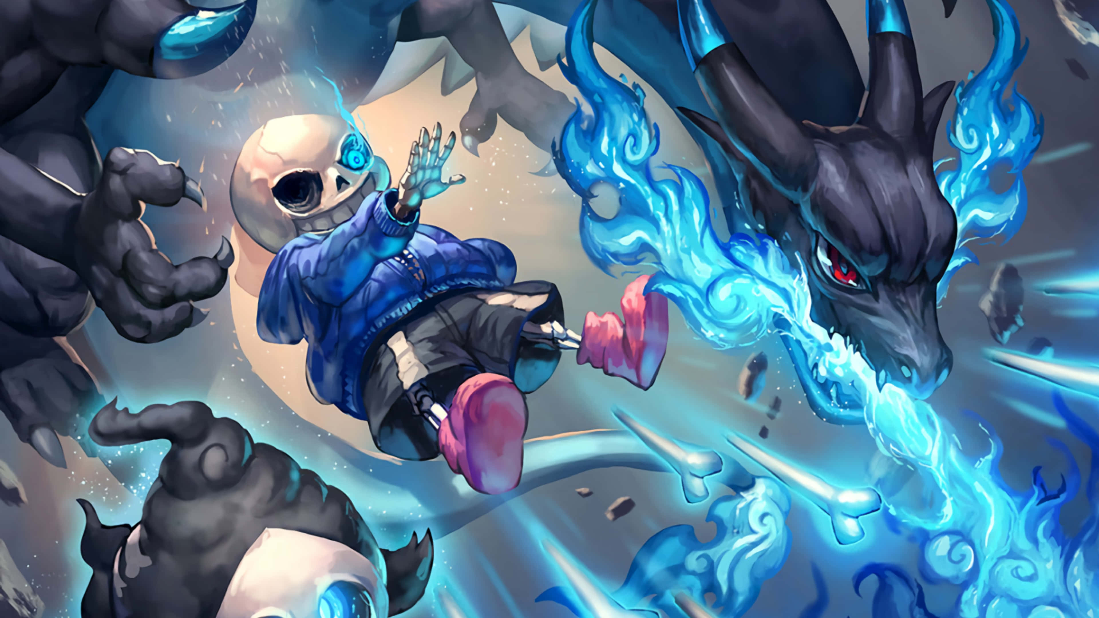 Sans 桌布 壁紙 — 一個穿著藍色外套的骷髏小孩漂浮在黑暗生物和一隻噴出冰冷藍色火焰的黑龍之間。