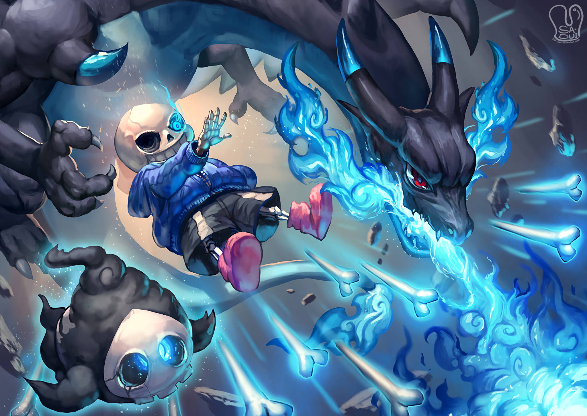 Sans 桌布 壁紙 — 一個穿著藍色外套的骷髏男孩在漂浮的骨頭和黑暗生物中與一條噴射藍色火焰的黑龍戰鬥。