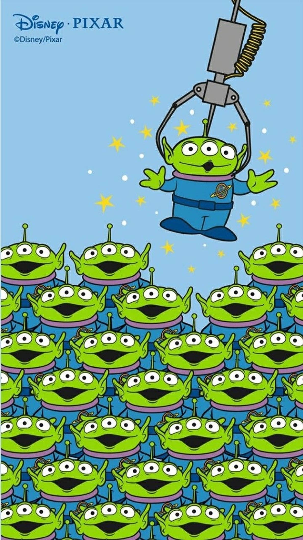 Toy Story Alien 桌布 壁紙 — 一個穿著藍色套裝的綠色外星人漂浮在重複的相同外星人圖案之上，背景是繁星點點的藍色天空。