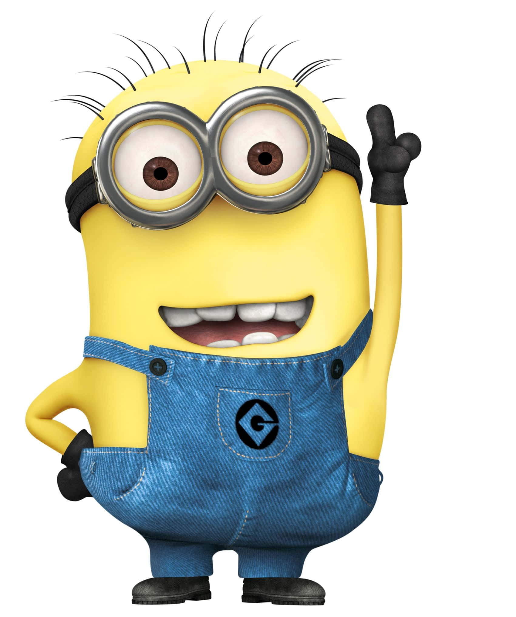 搞笑 桌布 壁紙 — 一個穿著藍色工裝褲和護目鏡的快樂黃色Minion，一手叉腰，另一手舉起，擺出俏皮的姿勢。