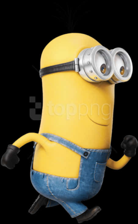 Minion Clipart 桌布 壁紙 — 一個穿著藍色工裝褲和護目鏡的黃色Minion在黑色背景上充滿活力地奔跑。