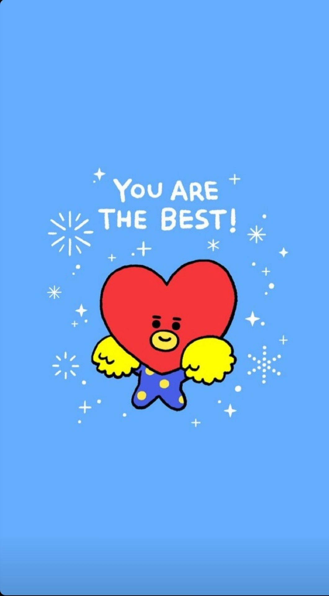 塔塔 BT21 桌布 壁紙 — 一個穿著藍色工裝褲和黃色手臂的開心紅色心形角色，在帶有白色星星和文字「你是最棒的！」的明亮藍色背景上漂浮。