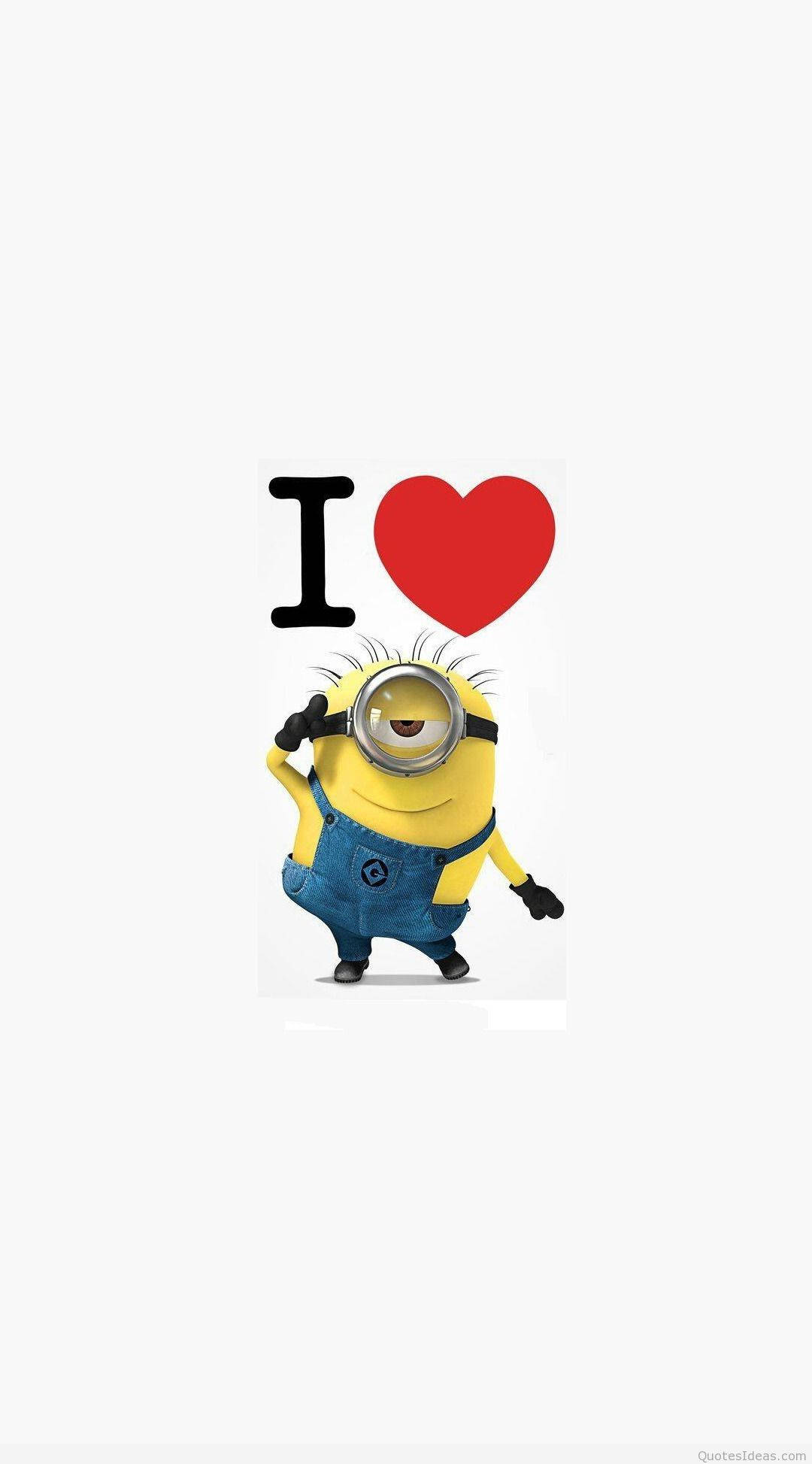 Minion Phone 桌布 壁紙 — 一個穿著藍色工裝褲的快樂黃色小小兵，在純白色背景上拿著一個紅色心形和黑色字母I。