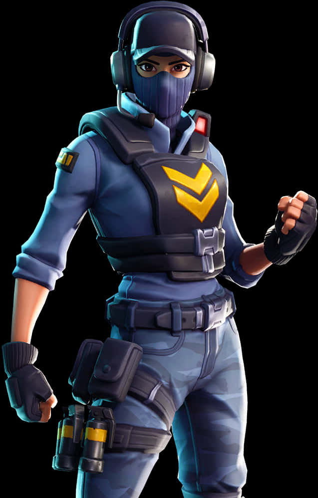 Fortnite Character 桌布 壁紙 — 一個穿著藍色戰術裝備、帶有黃色V標誌的Fortnite角色自信地站在黑色背景前。