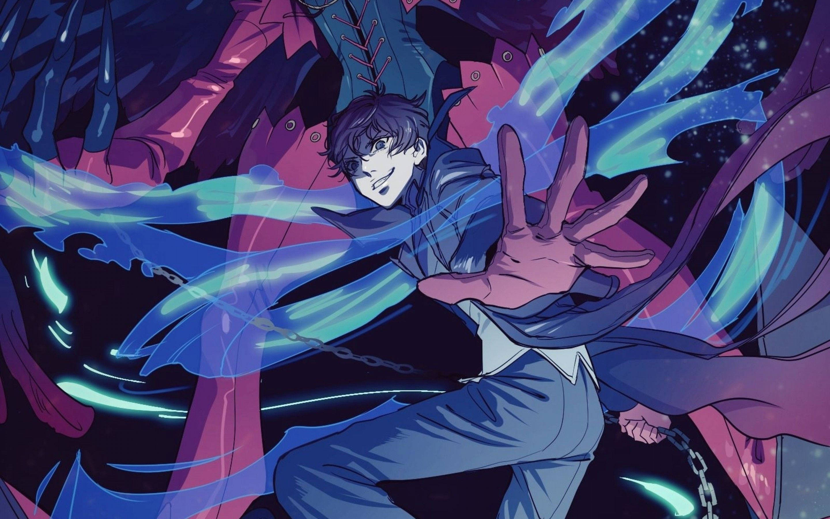ren amamiya 桌布 壁紙 — 一個穿著藍色服裝的動態動漫角色在宇宙紫色和黑色背景前釋放出發光的青色能量。