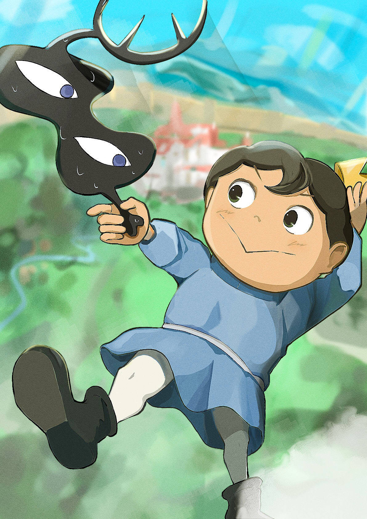 Ranking 桌布 壁紙 — 一個穿著藍色服裝的開朗動漫男孩，在充滿活力的綠色和藍色背景前，手持黑色鹿頭面具，歡快地跳躍。