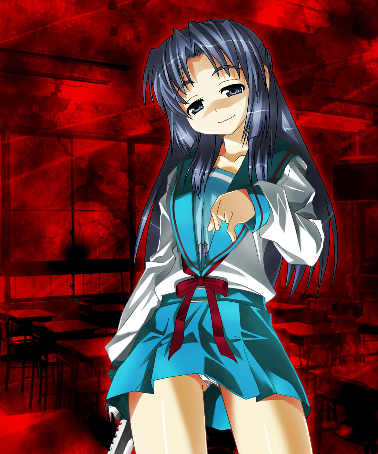 Ryoko Asakura 桌布 壁紙 — 一個穿著藍色校服的開心動漫女孩，在血紅色教室背景下，帶著燦爛笑容指向前面。