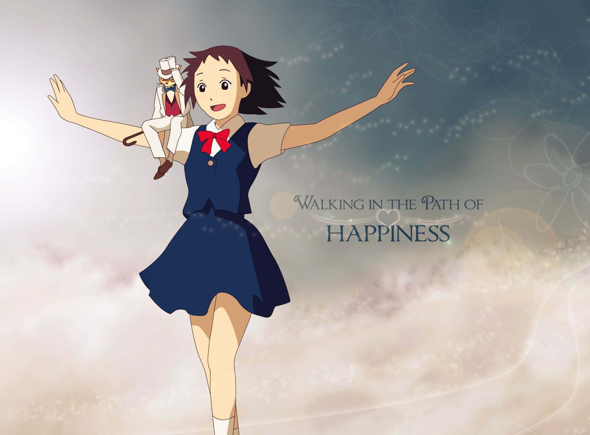 the cat returns 桌布 壁紙 — 一個穿著藍色校服的開心動畫女孩張開雙臂跳舞，一個小小的紳士木偶棲息在她的肩膀上，背景是柔和的雲天。