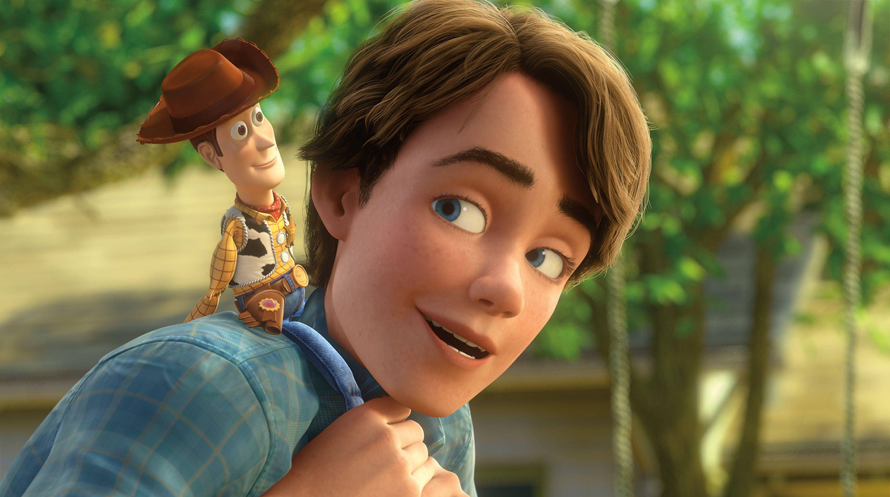 Toy Story 3 桌布 壁紙 — 一個穿著藍色格子襯衫的小男孩在陽光普照的戶外環境中溫暖地微笑，肩上放著一個牛仔玩具。