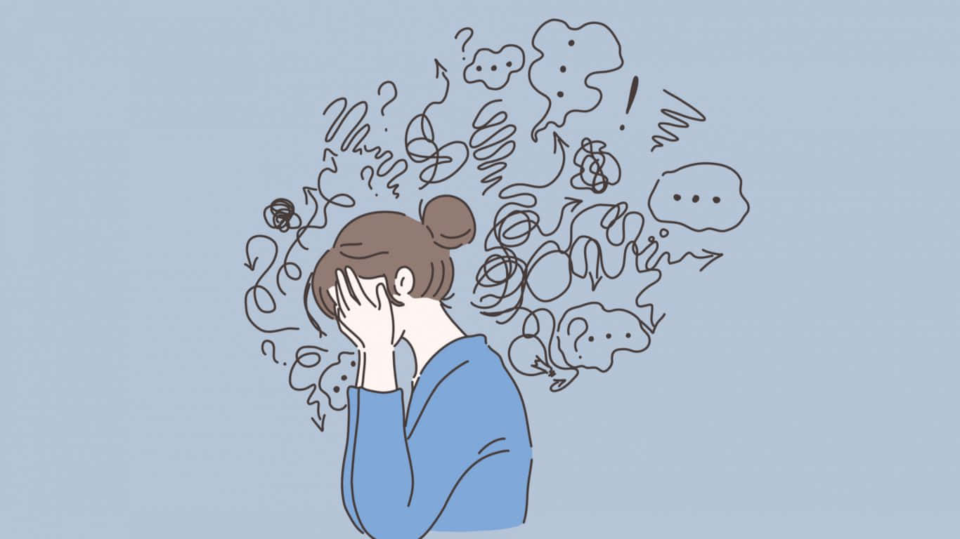 Woman 桌布 壁紙 — 一個穿著藍色毛衣的人遮住臉，混亂的塗鴉和對話氣泡在他們頭頂旋轉。