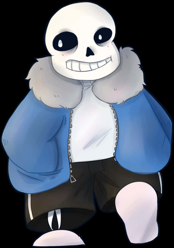 Undertale Sans 桌布 壁紙 — 一個穿著藍色毛領外套的愉快卡通骷髏角色在黑色背景前微笑。