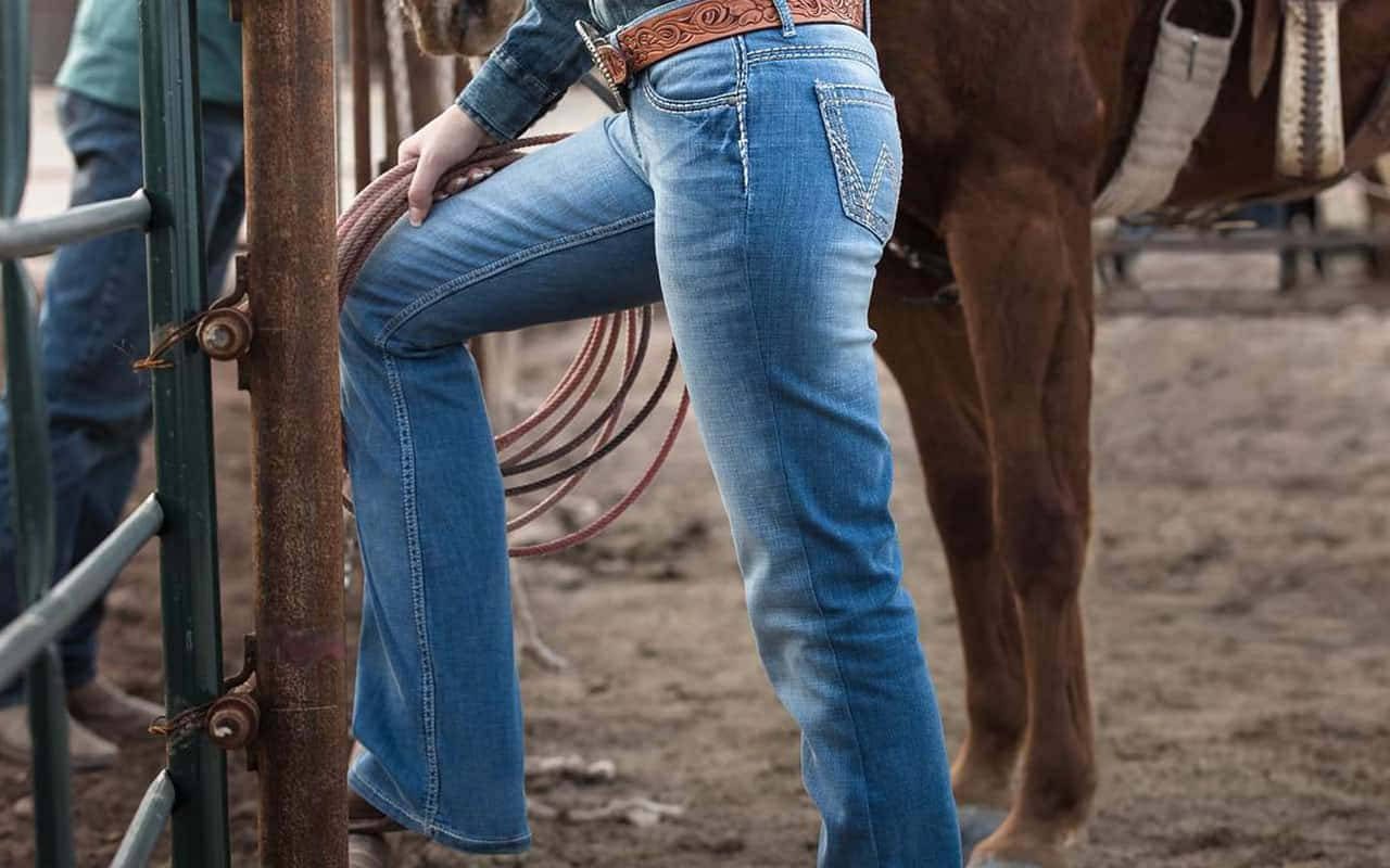 Jeans 桌布 壁紙 — 一個穿著藍色牛仔褲和皮帶的人靠著生鏽的大門，手持捲起的繩索，旁邊是一匹棕色的馬在塵土飛揚的圍欄裡。