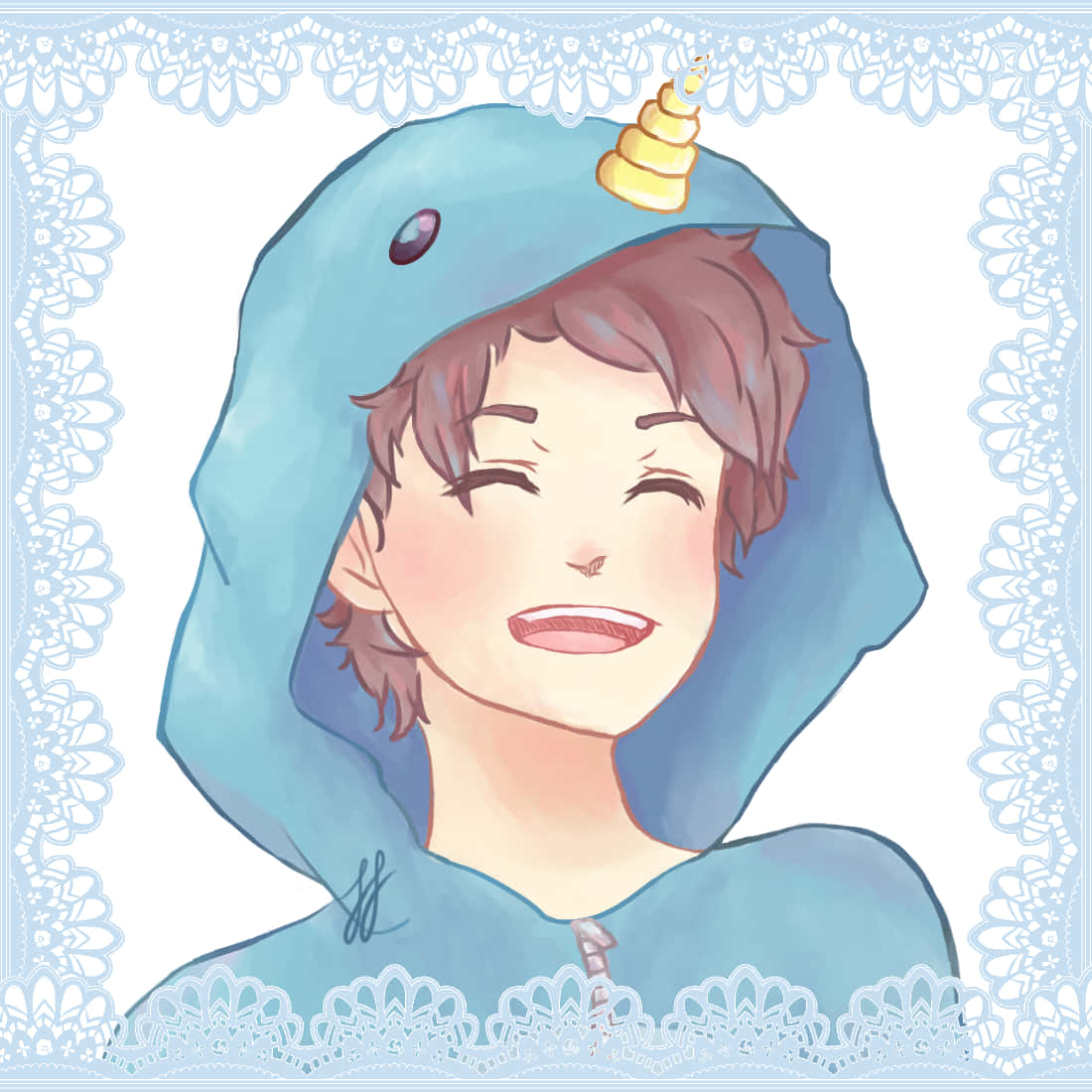 Cute Boy Anime 桌布 壁紙 — 一個穿著藍色獨角鯨連帽衫、帶有金色長牙的開朗動漫風格人物，對著精緻的蕾絲邊框溫暖微笑。