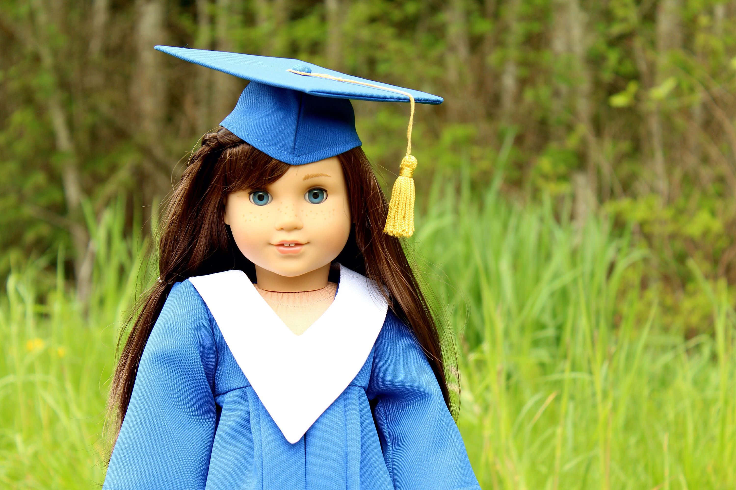Graduation 桌布 壁紙 — 一個穿著藍色畢業帽和畢業袍的娃娃站在陽光明媚的草地上，背景有模糊的樹木。