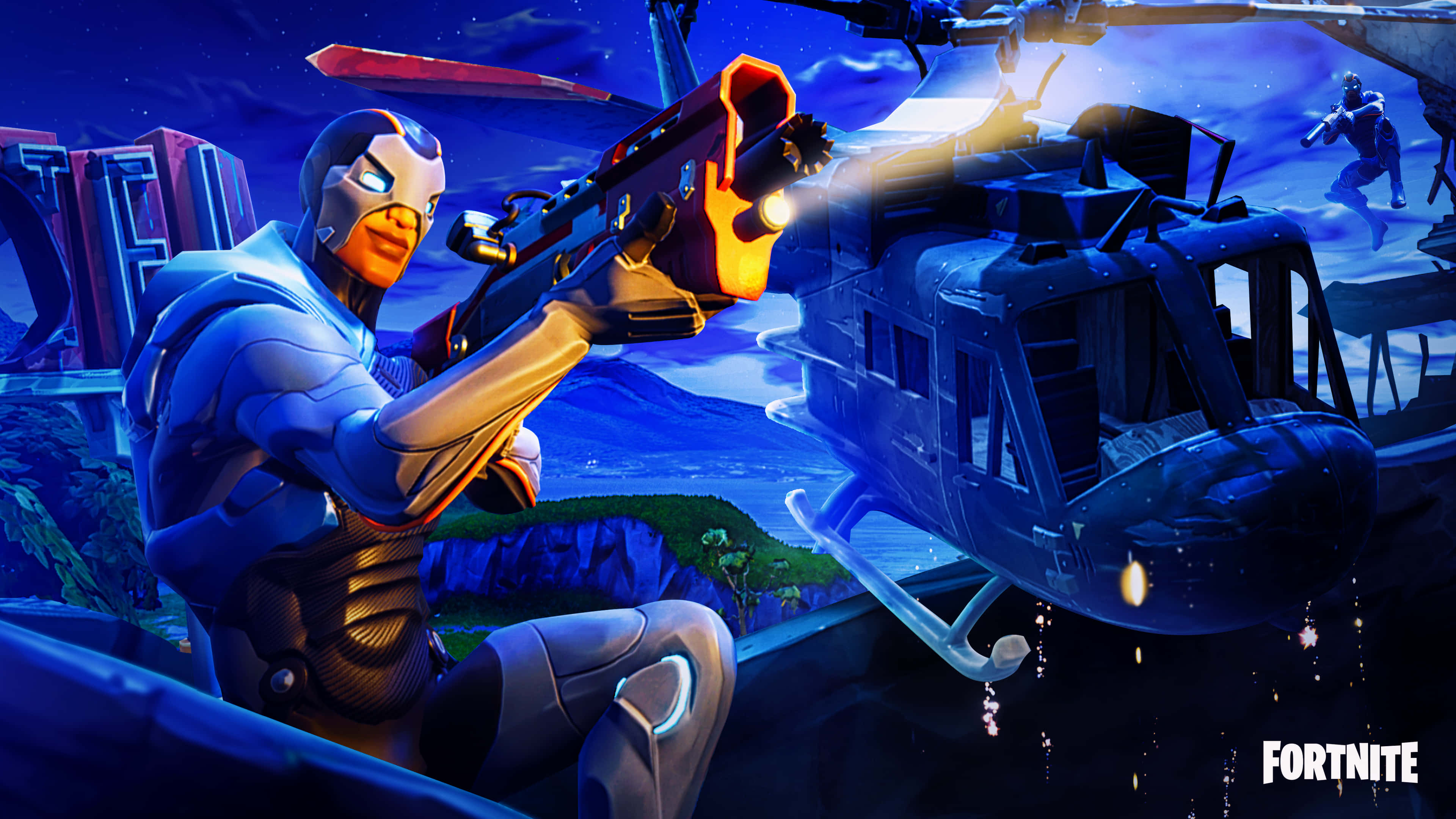 Fortnite 桌布 壁紙 — 一個穿著藍色盔甲的 Fortnite 角色在星空下向懸停的直升機發射發光的橙色武器。