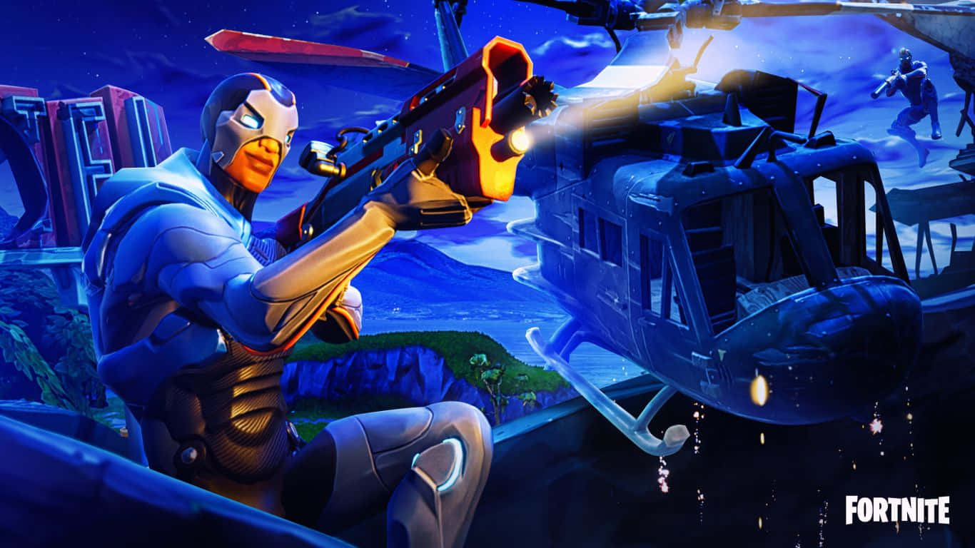 Fortnite 桌布 壁紙 — 一個穿著藍色盔甲的 Fortnite 角色在星空下瞄準一架盤旋的直升機，手持發光的橙色武器。