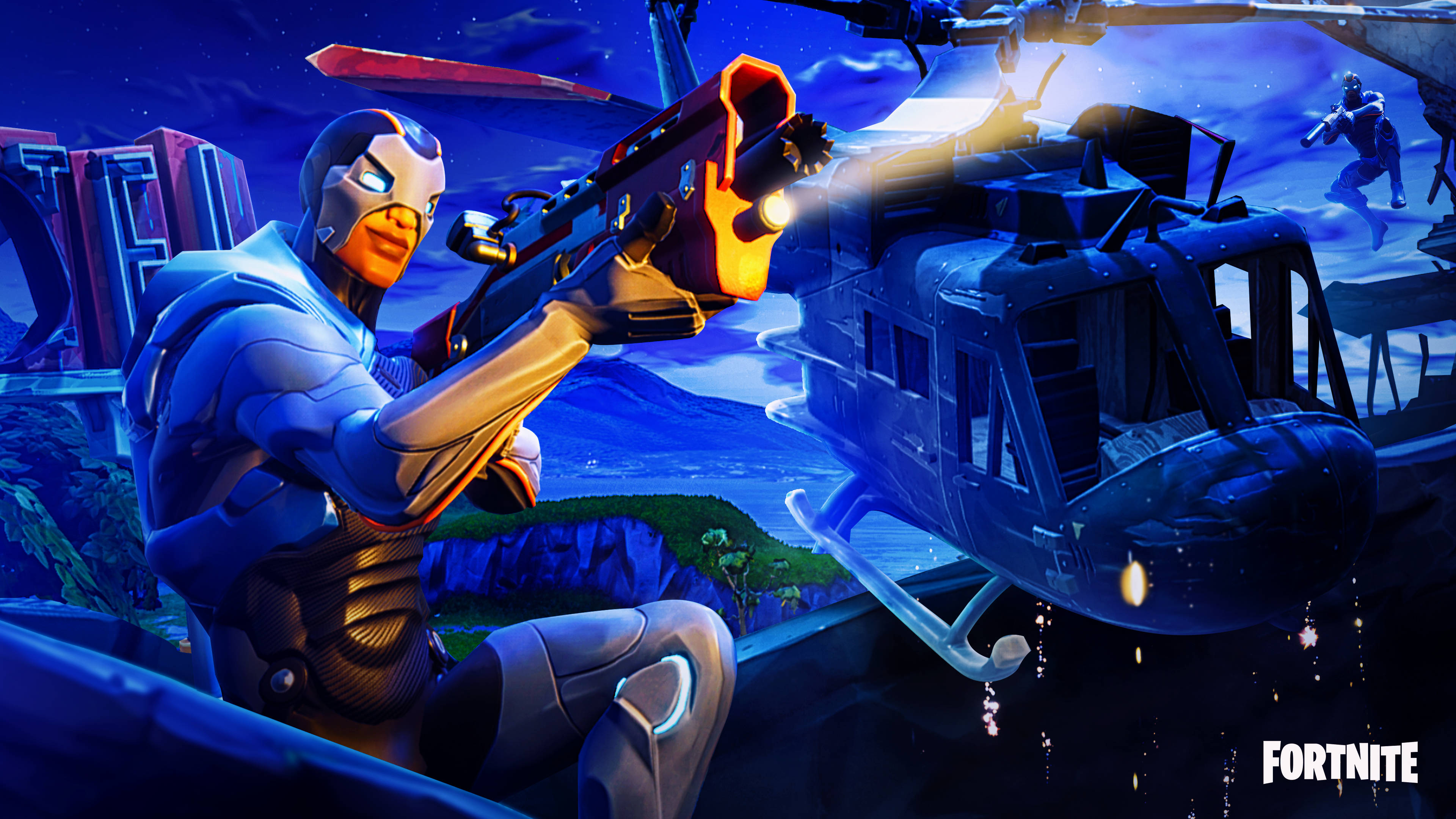 Fortnite 桌布 壁紙 — 一個穿著藍色盔甲的Fortnite角色在星空夜空下向一架受損的直升機發射發光的橙色武器。