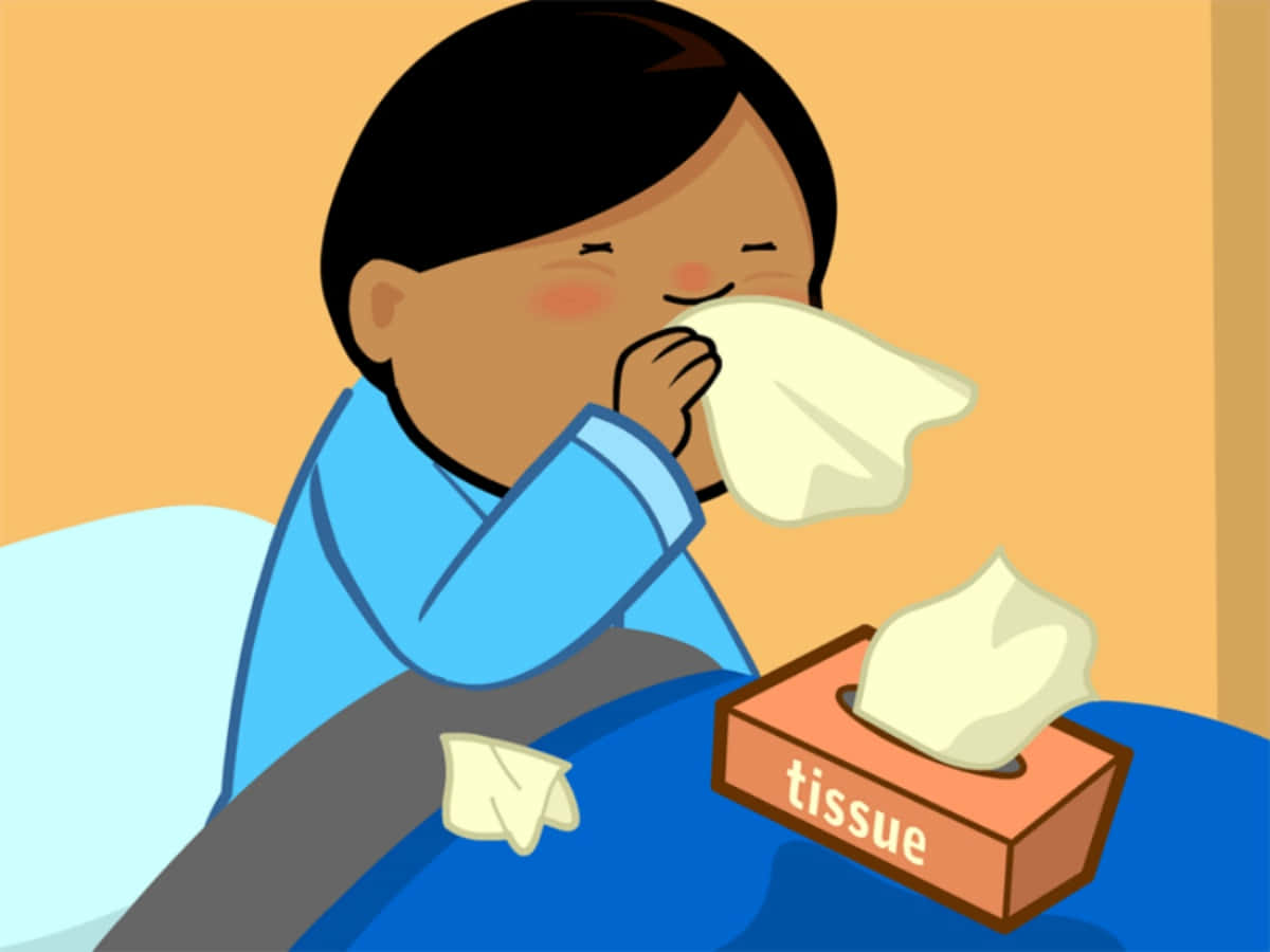 剪貼畫 桌布 壁紙 — 一個穿著藍色睡衣的卡通小孩，在面紙盒旁邊蓋著毯子，對著面紙打噴嚏。