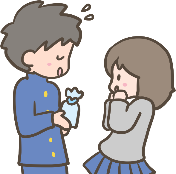 大阪 桌布 壁紙 — 一個穿著藍色睡衣的卡通男孩緊張地向一個穿著灰色上衣和藍色裙子、驚訝地捂住嘴巴的女孩遞上一份小禮物。