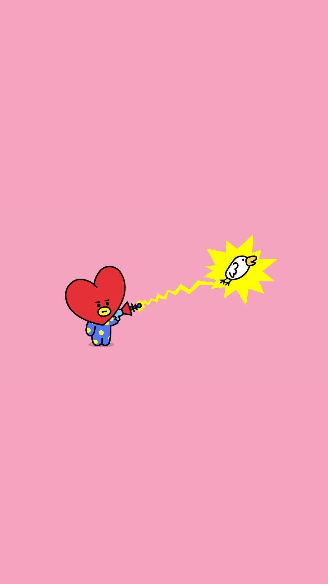 tata bt21 桌布 壁紙 — 一個穿著藍色睡衣的紅色心形角色，在純粉色背景上向一隻驚訝的白色小鳥發射黃色鋸齒光束。