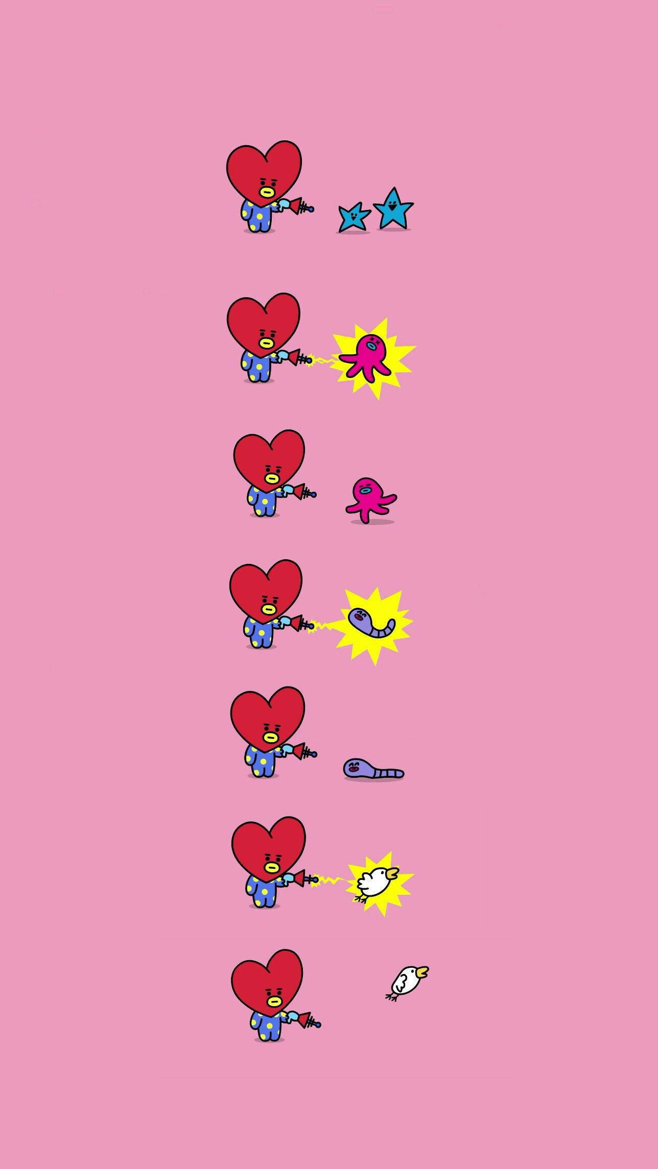 塔塔 BT21 桌布 壁紙 — 一個穿著藍色睡衣的紅色心形角色，在純粉紅色背景上向漂浮的敵人發射彩色彈丸。