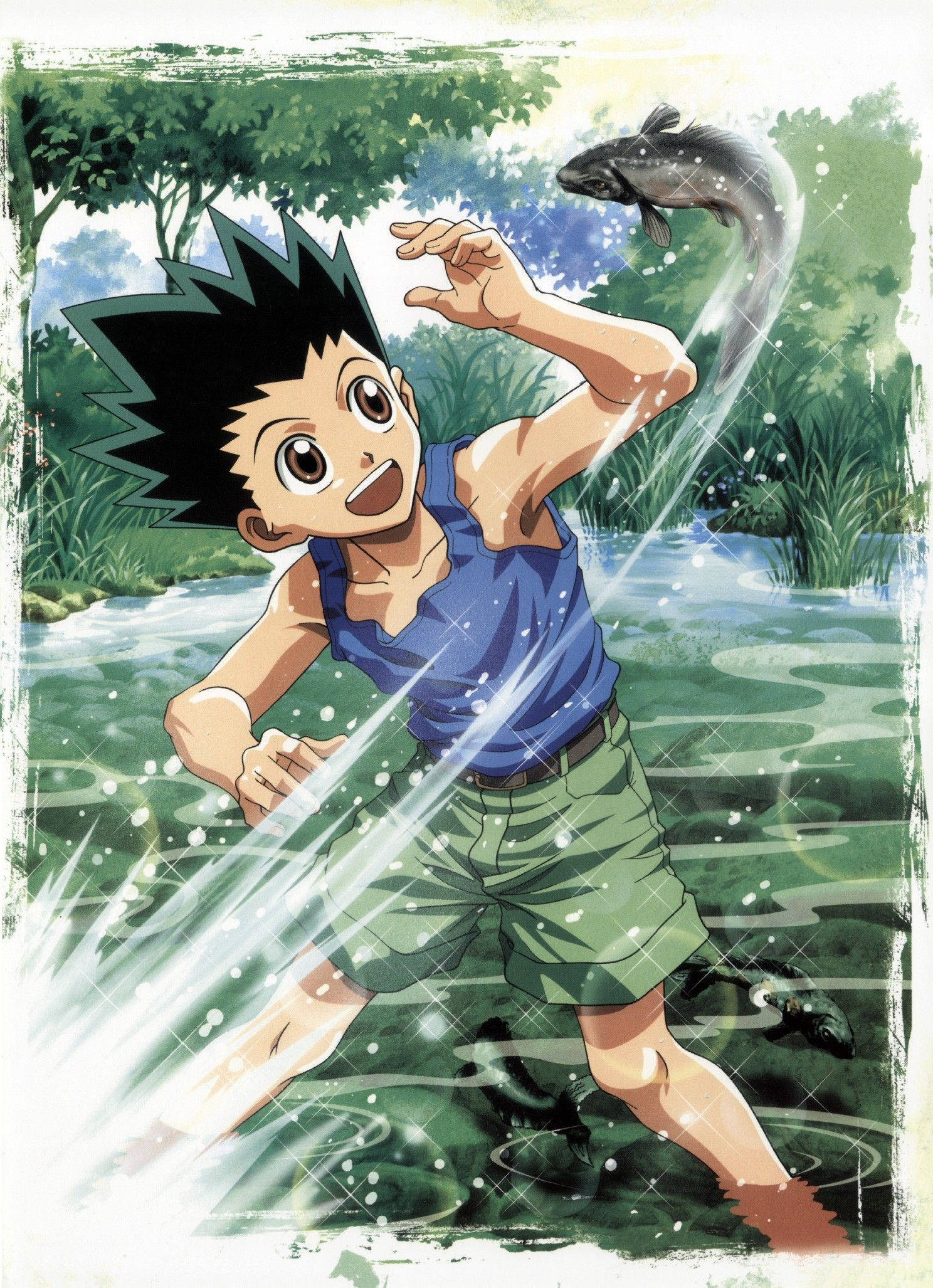 Hunter X Hunter iPhone 桌布 壁紙 — 一個穿著藍色背心的動畫男孩從河裡歡快地跳起，一條魚在他上方劃過空中。