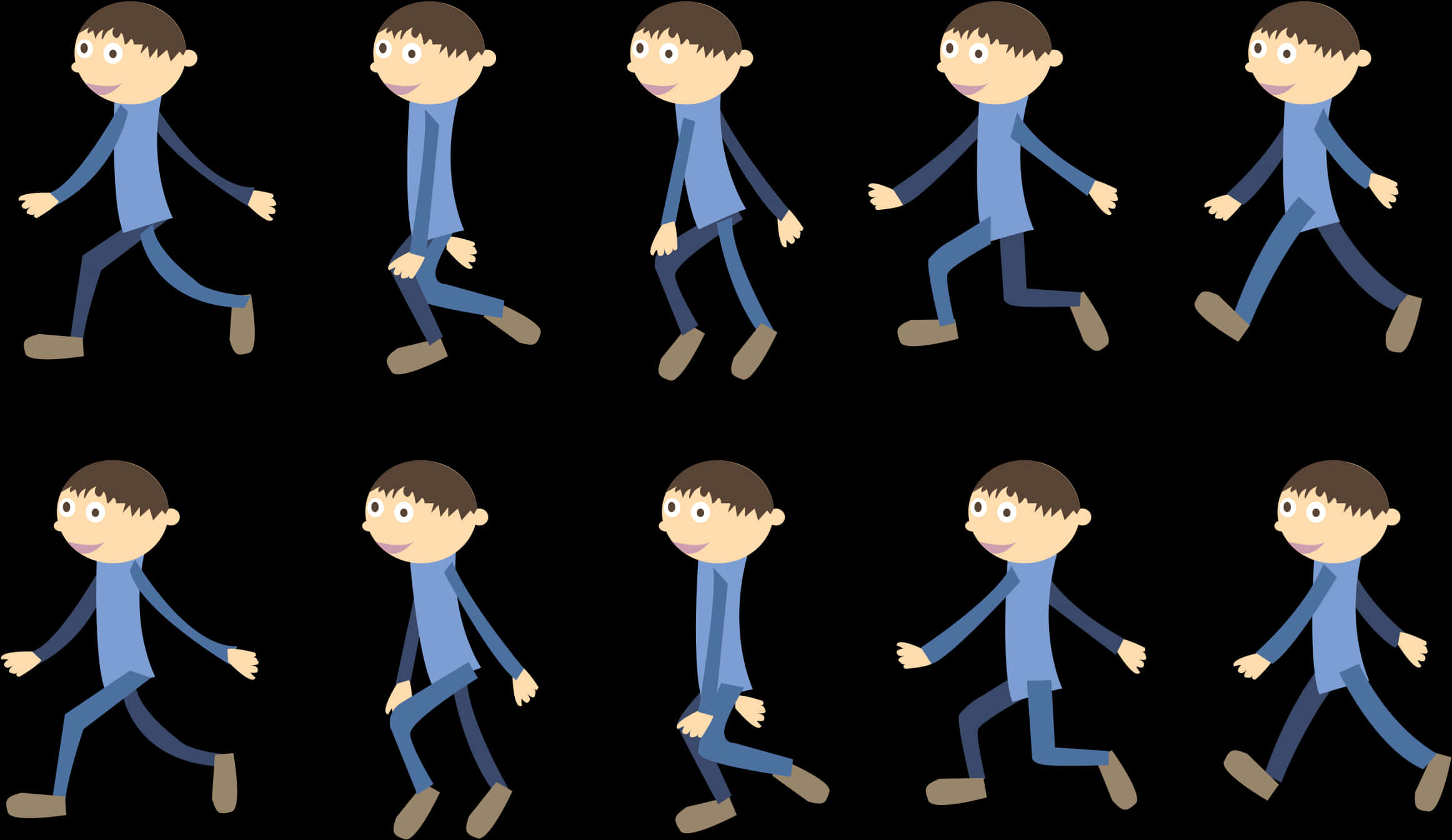 藝術 桌布 壁紙 — 一個穿著藍色衣服的卡通男孩在黑色背景上以循環動畫序列行走。