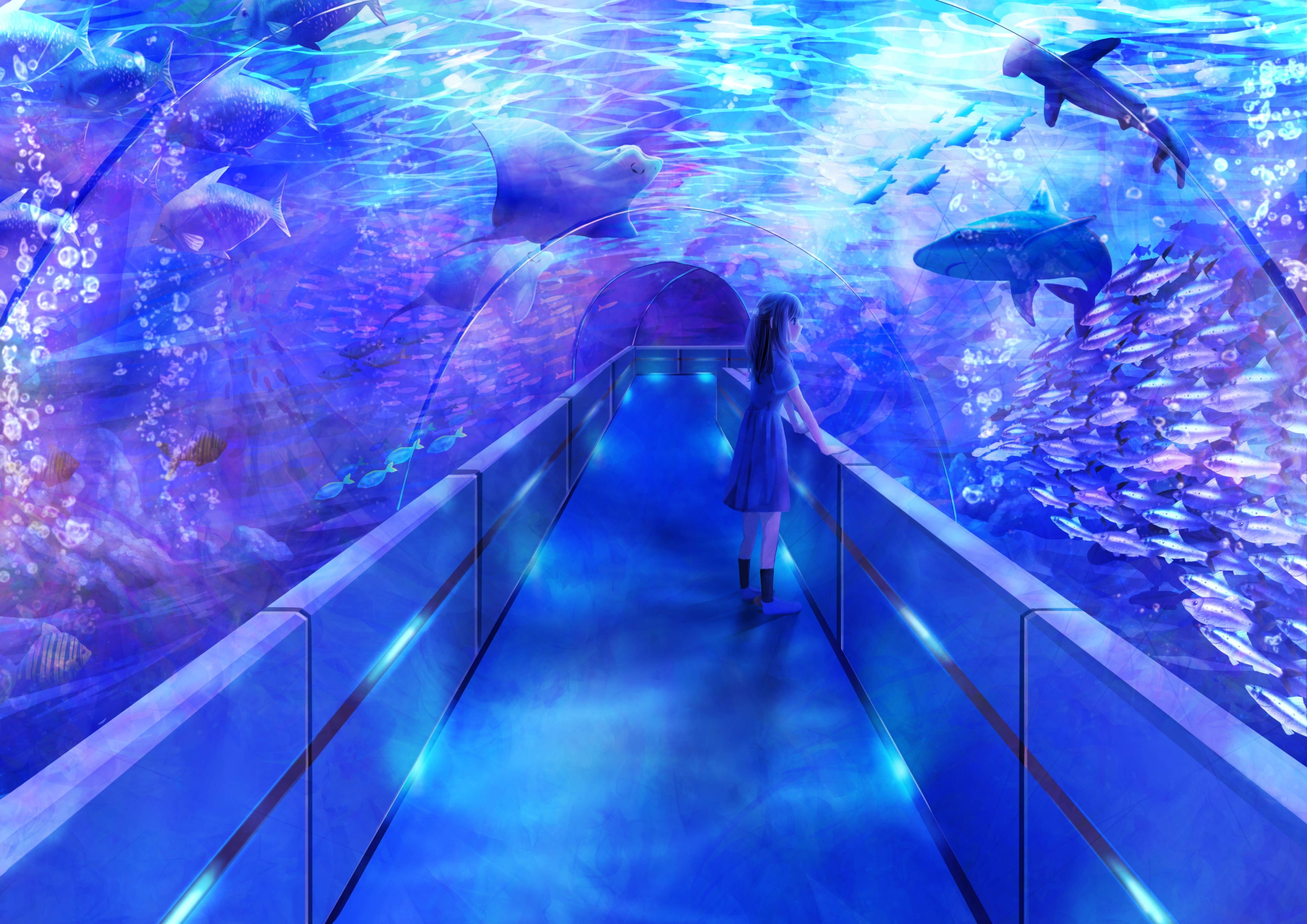 Aquarium 桌布 壁紙 — 一個穿著藍色裙子的女孩走過一條發光的水底隧道，周圍有鯊魚和魚群。