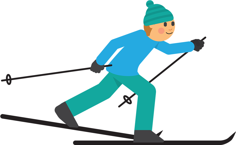 ski 桌布 壁紙 — 一個穿著藍色裝備的卡通滑雪者，在黑色背景上拿著雪杖愉快地滑下山坡。