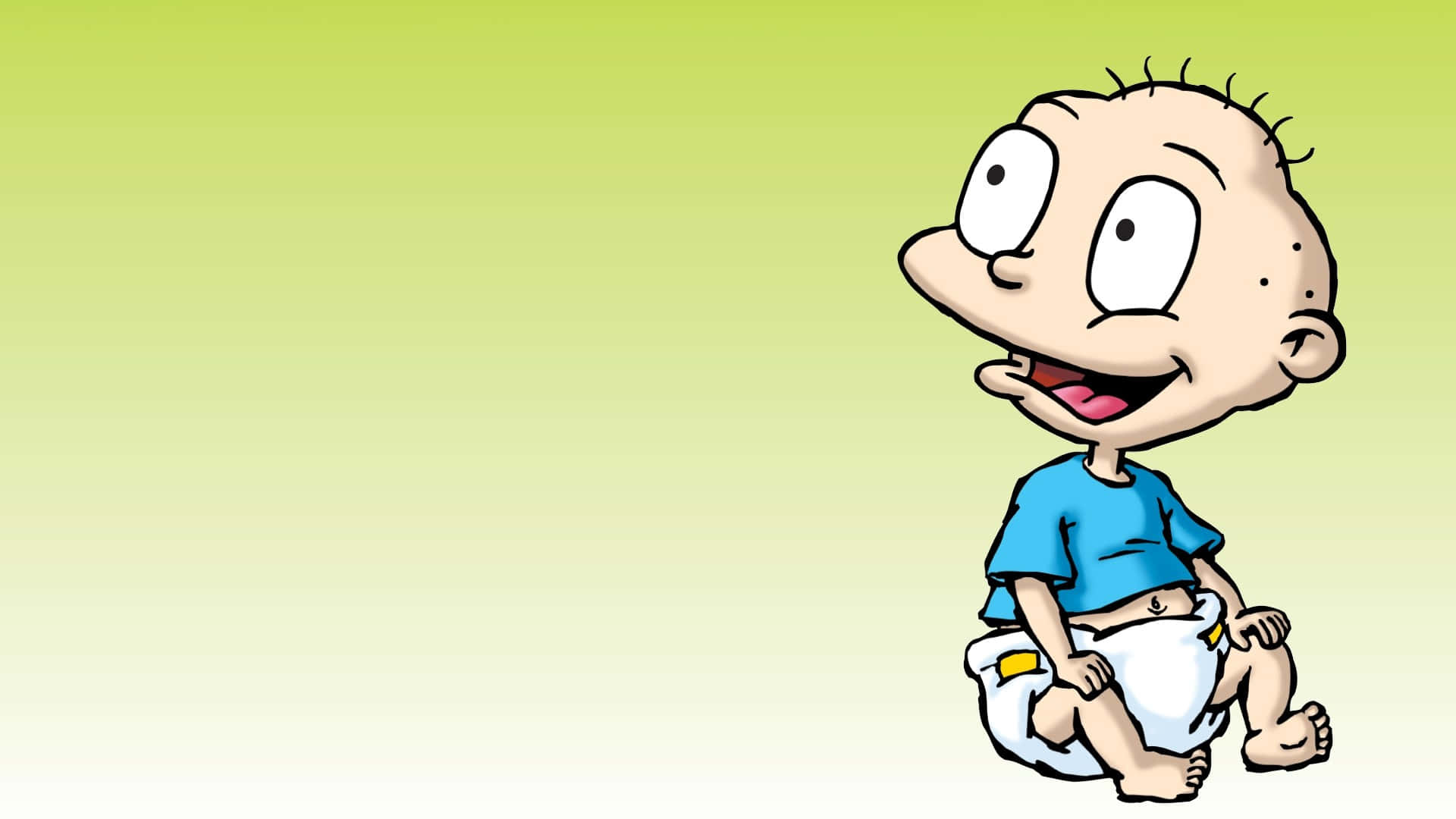 rugrats 桌布 壁紙 — 一個穿著藍色襯衫和尿布的開心卡通寶寶坐在柔和的綠色漸層背景前。