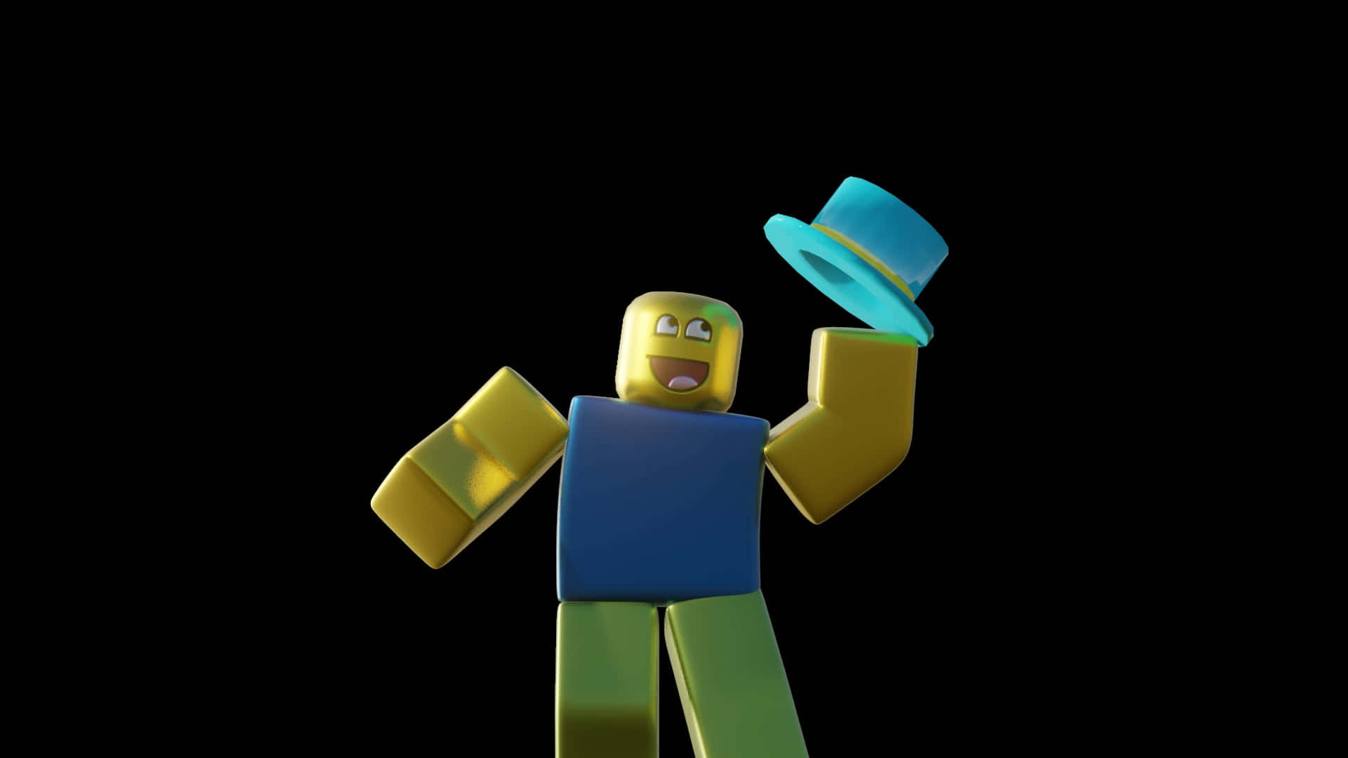 Cute Roblox Noobs 桌布 壁紙 — 一個穿著藍色襯衫和綠色褲子的開心方塊頭像，在黑色背景上傾斜一頂青色高帽。