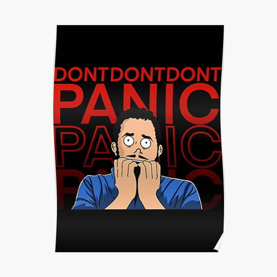 Panic 桌布 壁紙 — 一個穿著藍色襯衫的卡通男人在黑色背景上，面對重複的紅色「DONT PANIC」文字，驚慌地抓著臉。