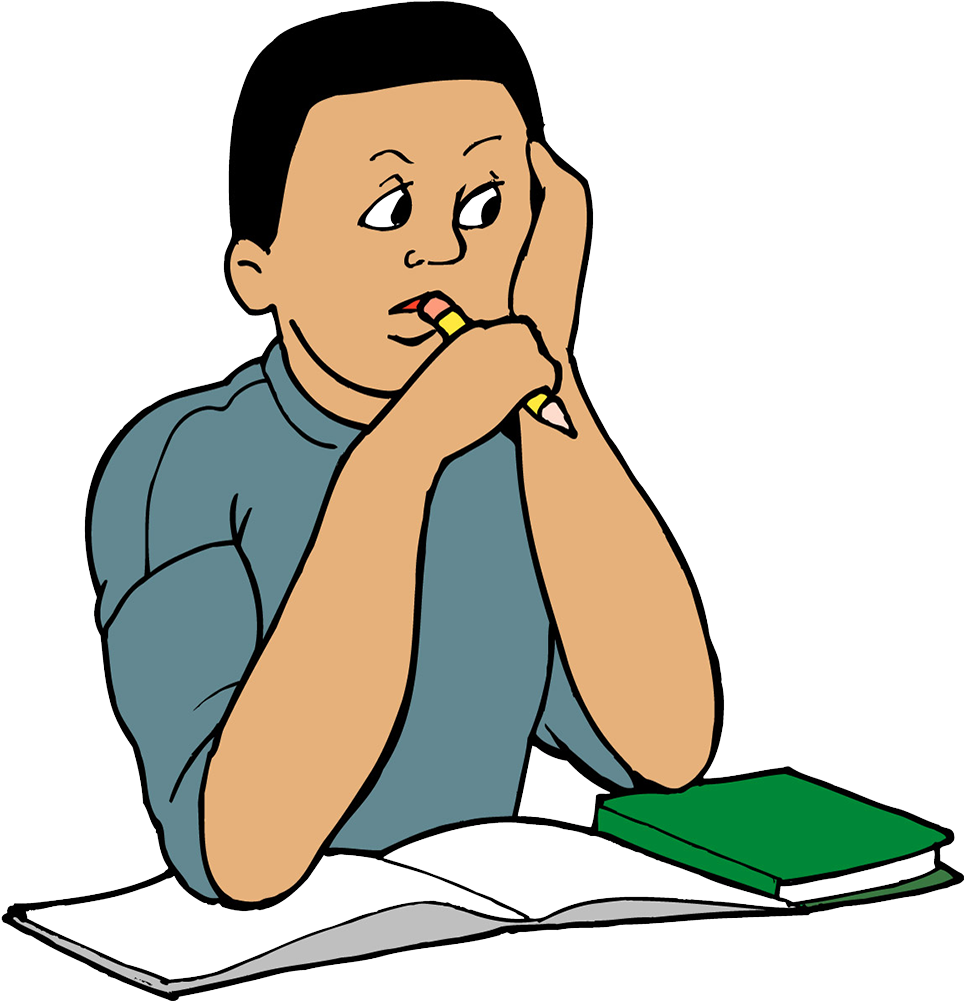 書桌 桌布 壁紙 — 一個穿著藍色襯衫的卡通男孩坐在書桌前，咬著鉛筆，頭靠在手上。