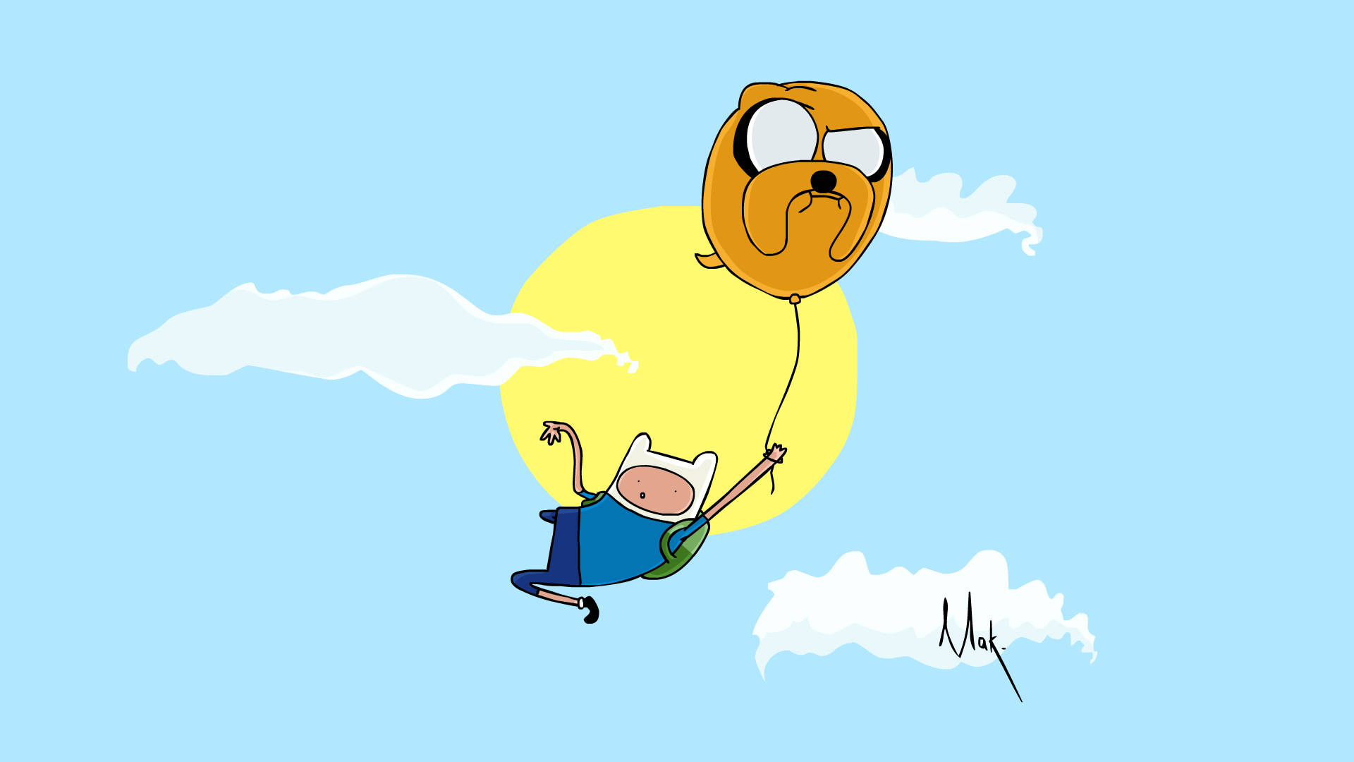 Cartoon Network Characters 桌布 壁紙 — 一個穿著藍色襯衫的卡通男孩拿著一個狗形狀的氣球，漂浮在蓬鬆的雲朵之上，背景是明亮的藍天。