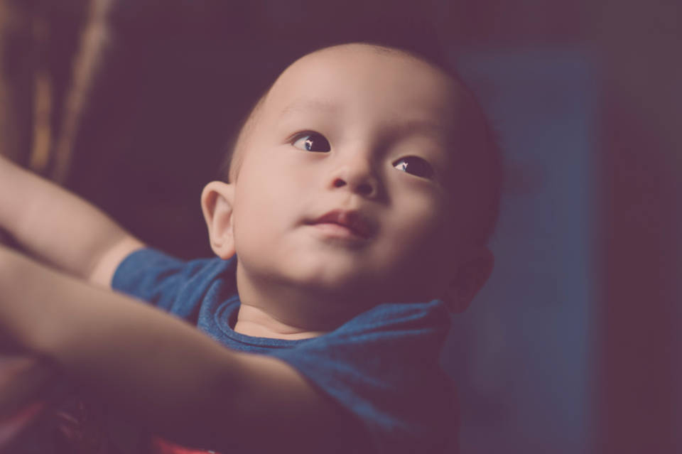 Baby Boy 桌布 壁紙 — 一個穿著藍色襯衫的嬰兒特寫，睜著好奇的大眼睛向上看，背景柔和模糊。