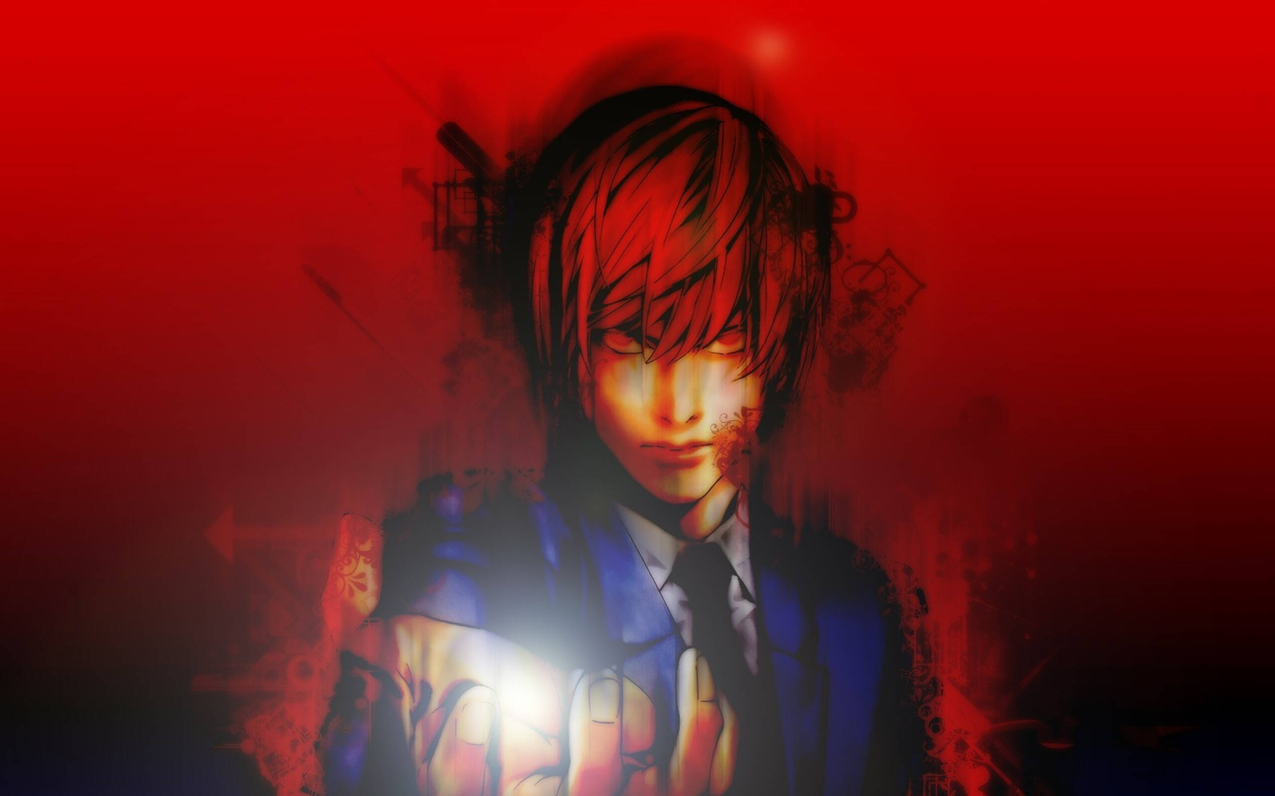 Light Yagami 桌布 壁紙 — 一個穿著藍色西裝的年輕動漫男孩，在血紅色背景上帶著黑暗飛濺，手持發光球體。
