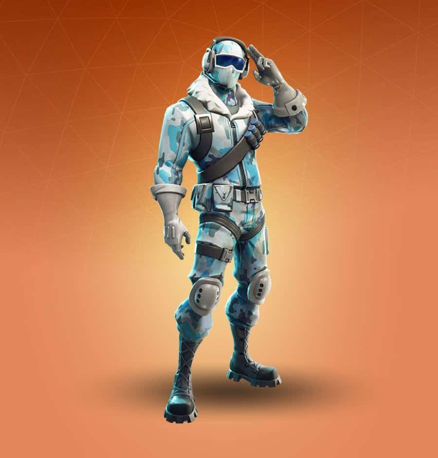 Frostbite 桌布 壁紙 — 一個穿著藍色迷彩裝備的Fortnite角色在溫暖的橙色漸變背景前敬禮。
