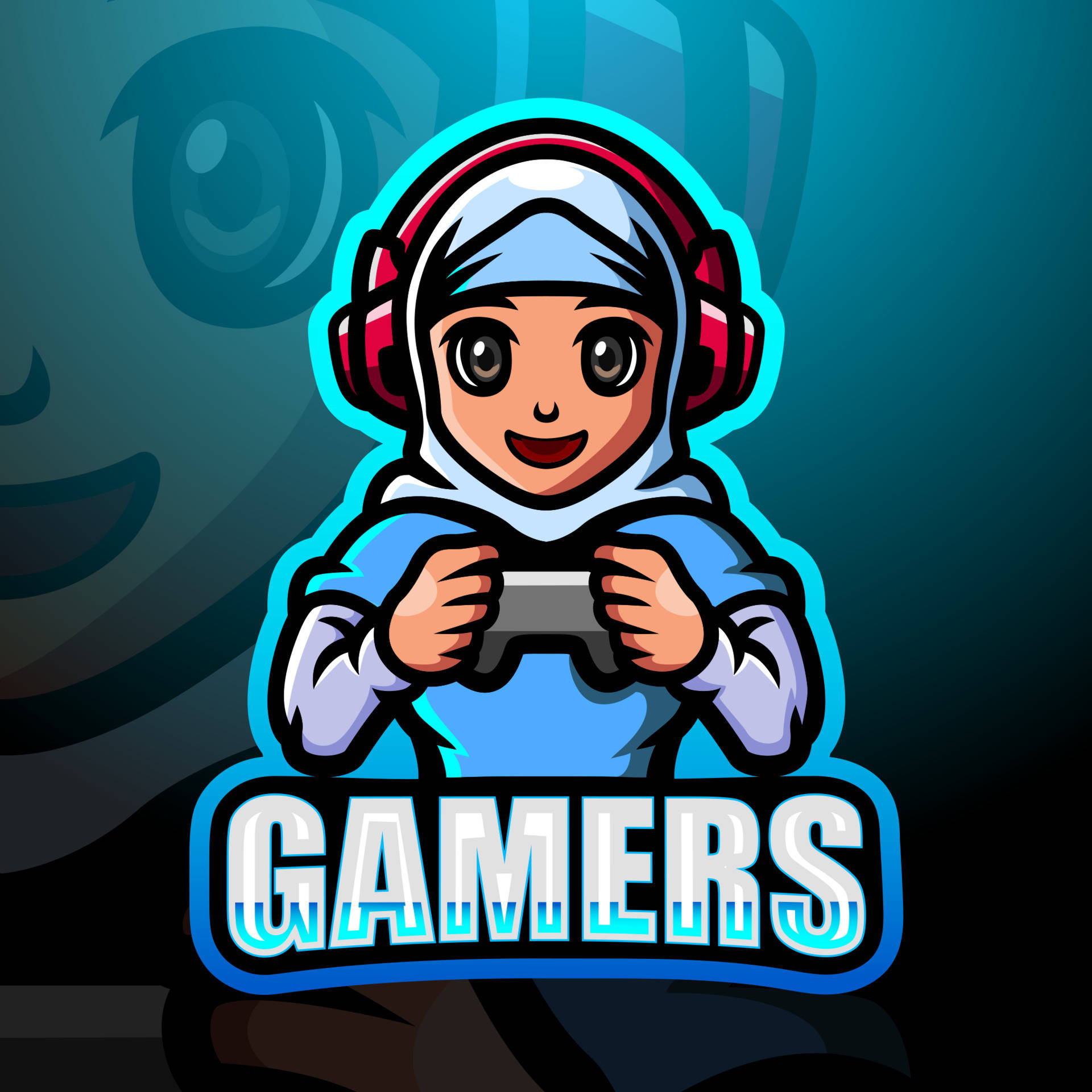 Gamer Logo 桌布 壁紙 — 一個穿著藍色連帽衫和紅色耳機的開朗動漫風格遊戲玩家，手持一個下方帶有發光「GAMERS」標誌的控制器。