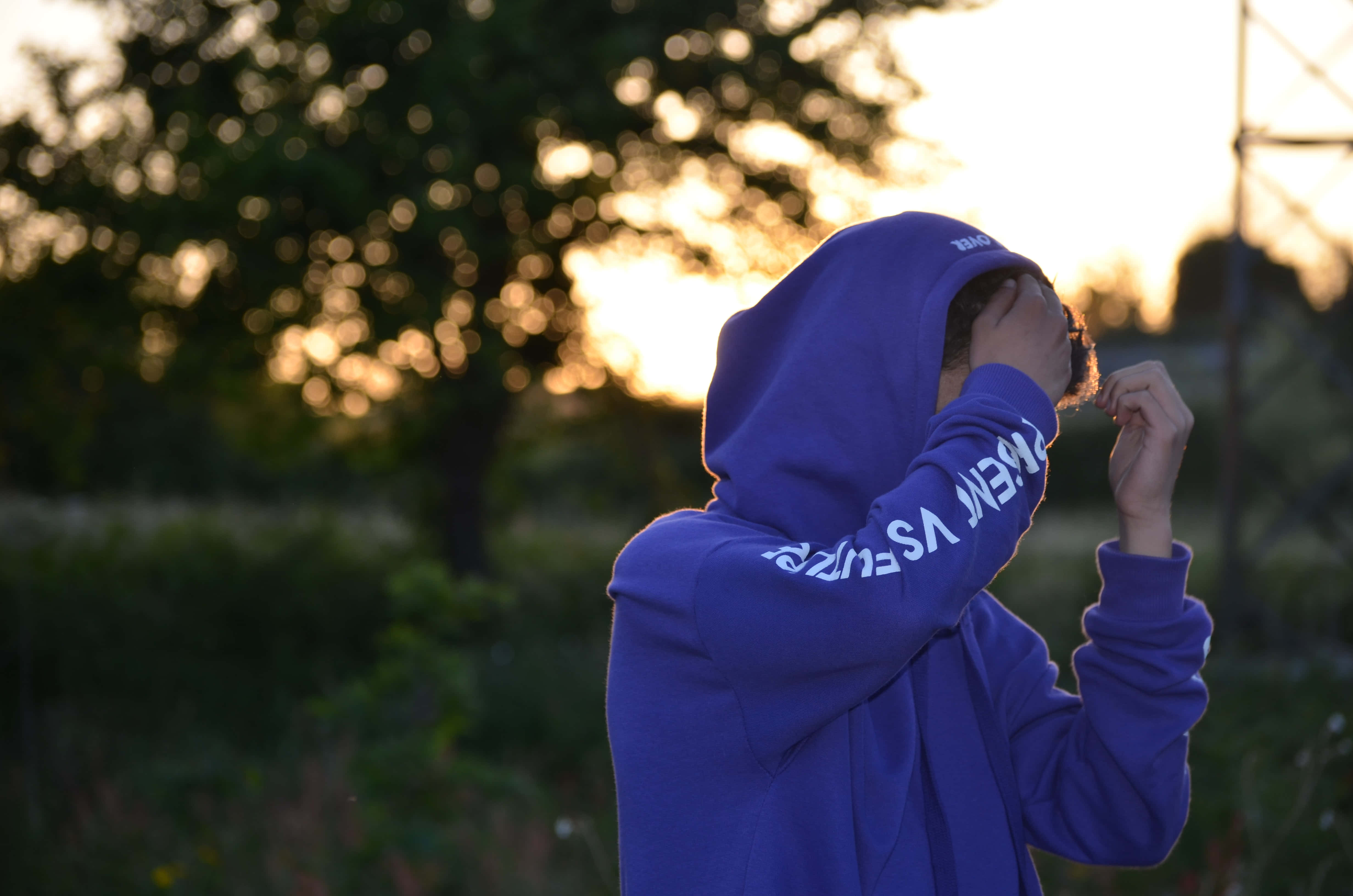 Purple Hoodie 桌布 壁紙 — 一個穿著藍色連帽衫的人將帽子拉過頭頂，背景是溫暖的日落和模糊的樹木。