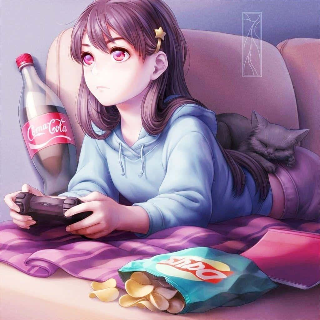 Kawaii Gaming Girl 桌布 壁紙 — 一個穿著藍色連帽衫的動漫女孩在沙發上玩遊戲，旁邊有一隻睡著的貓和零食。